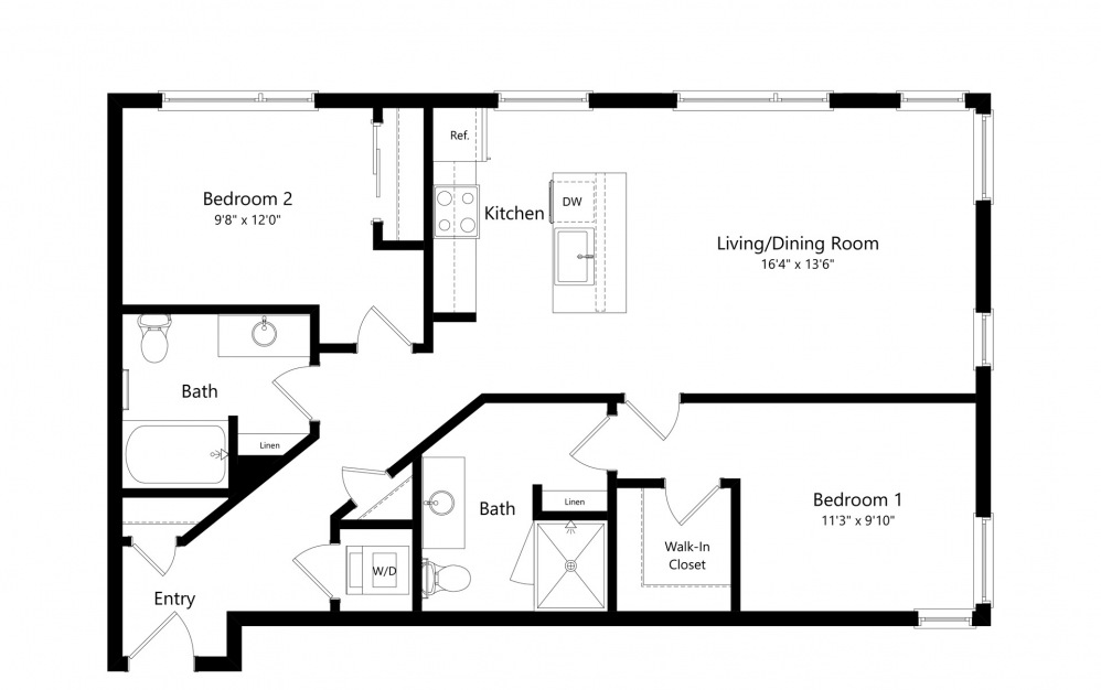 2 Bedrooms F - 2 bedroom floorplan layout with 2 baths and 1071 square feet. (2D)