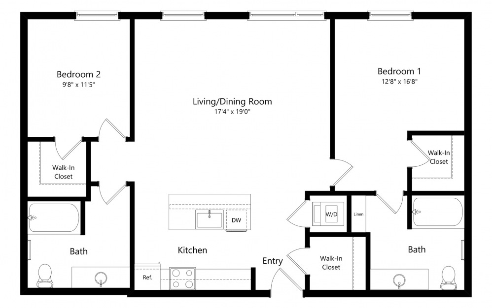 2 Bedrooms G - 2 bedroom floorplan layout with 2 baths and 1194 square feet. (2D)