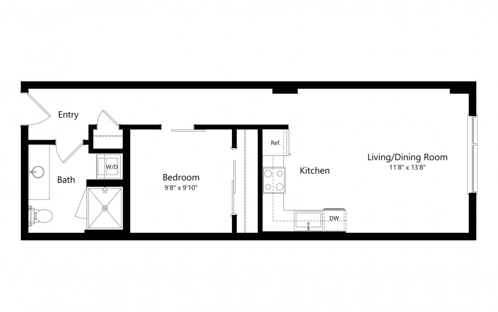 Open 1 Bedroom A - 1 bedroom floorplan layout with 1 bath and 550 to 650 square feet. (2D)