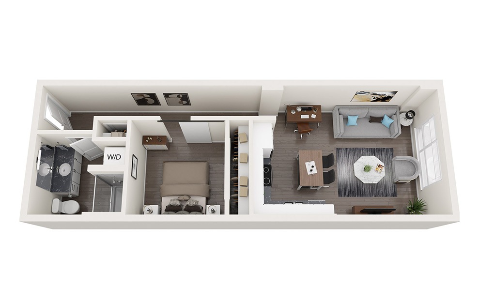 Open 1 Bedroom A - 1 bedroom floorplan layout with 1 bath and 550 to 650 square feet. (3D)