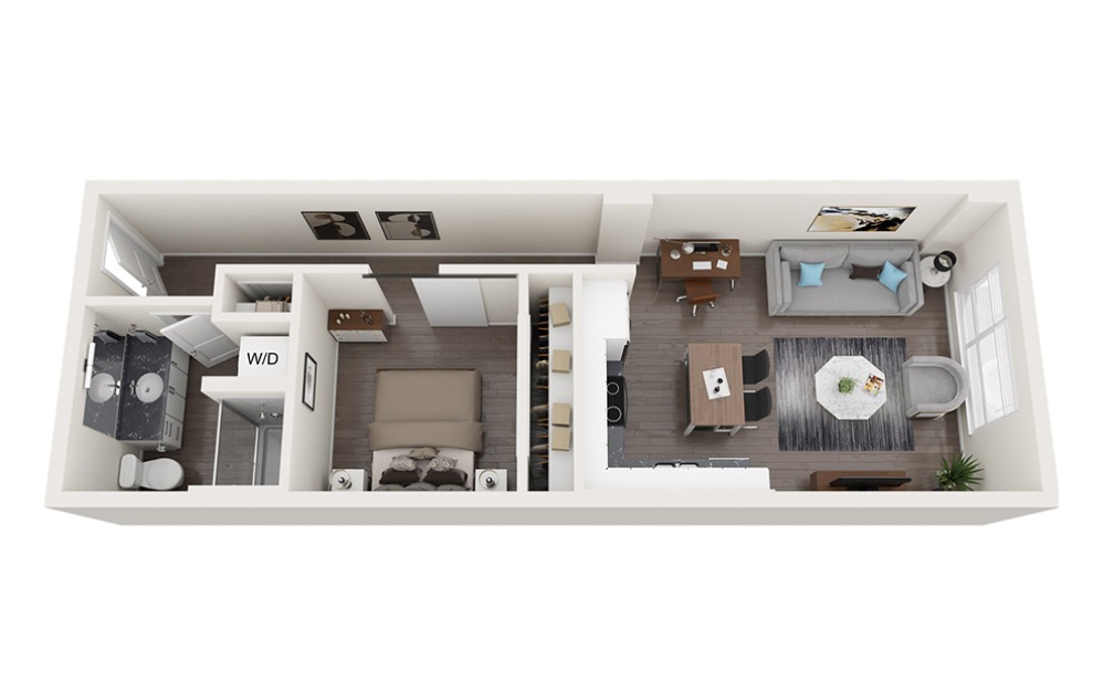 Open 1 Bedroom A - 1 bedroom floorplan layout with 1 bathroom and 550 - 650 square feet (3D)