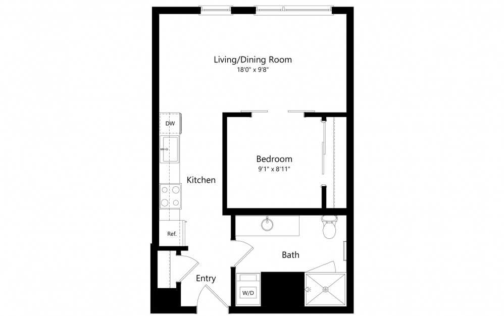 Open 1 Bedroom B - 1 bedroom floorplan layout with 1 bath and 566 to 570 square feet. (2D)