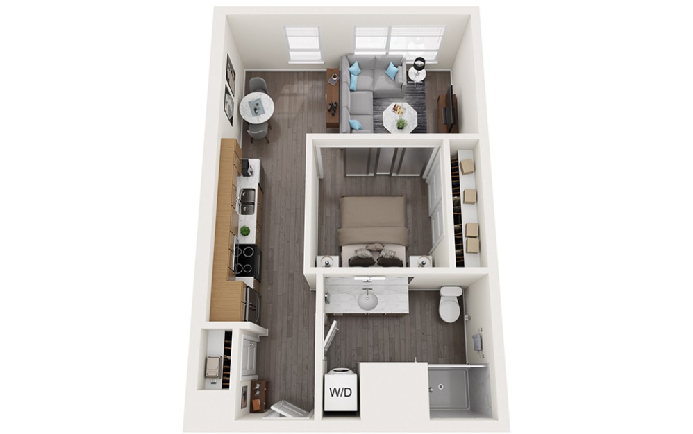 Open 1 Bedroom B - 1 bedroom floorplan layout with 1 bathroom and 566 - 570 square feet (3D)