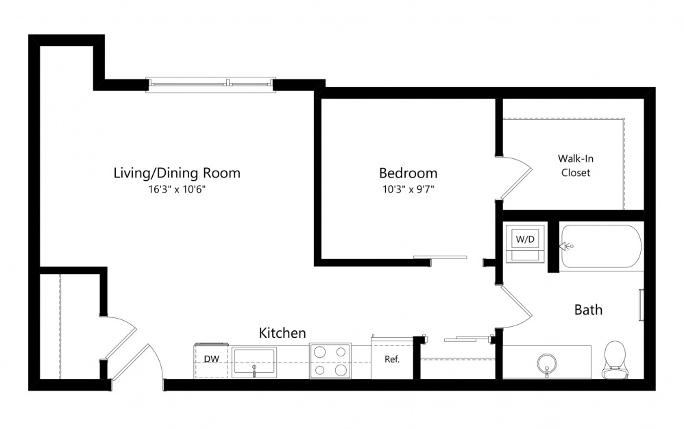 Open 1 Bedroom C - 1 bedroom floorplan layout with 1 bath and 644 to 669 square feet. (2D)