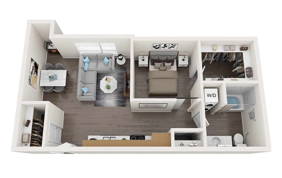 Open 1 Bedroom C - 1 bedroom floorplan layout with 1 bath and 644 to 669 square feet. (3D)