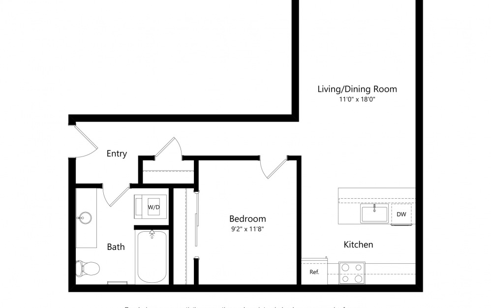 Open 1 Bedroom D - 1 bedroom floorplan layout with 1 bath and 691 to 710 square feet. (2D)
