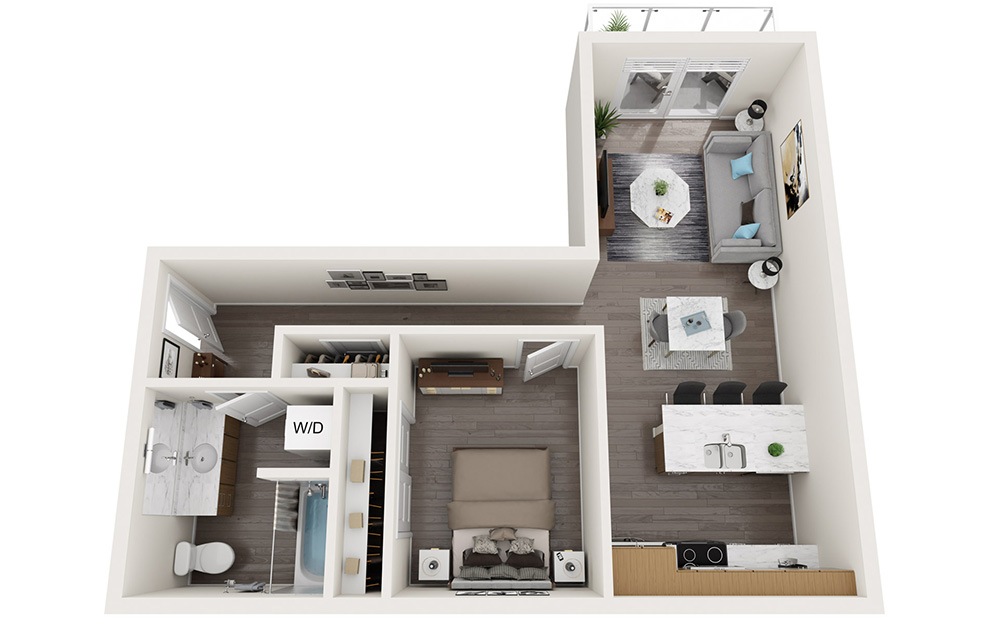 Open 1 Bedroom D - 1 bedroom floorplan layout with 1 bath and 691 to 710 square feet. (3D)