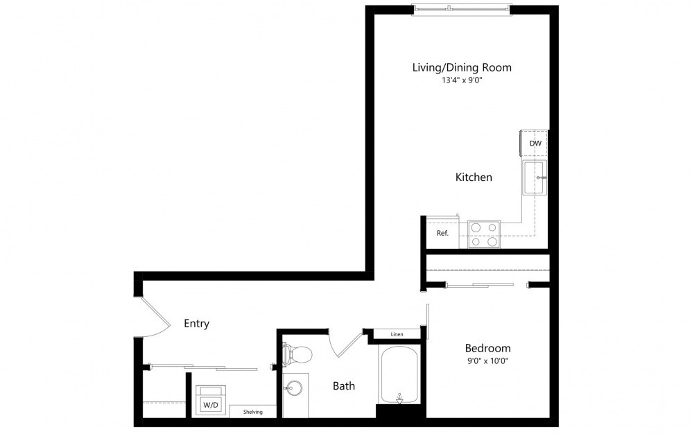 Open 1 Bedroom E - 1 bedroom floorplan layout with 1 bath and 646 to 813 square feet. (2D)