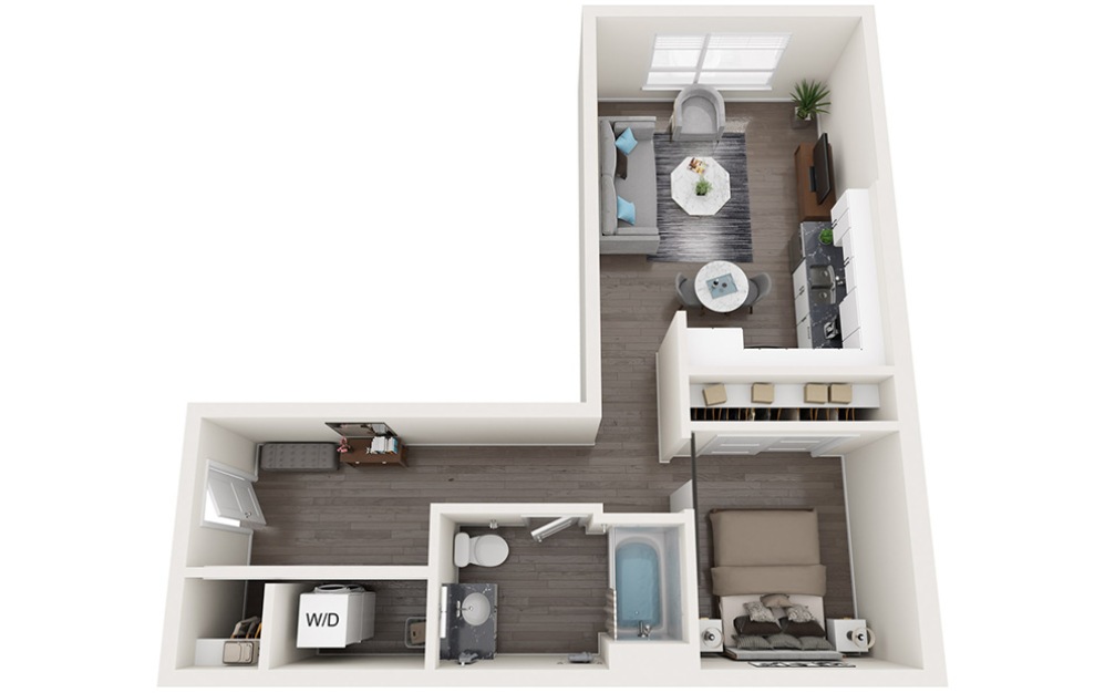 Open 1 Bedroom E - 1 bedroom floorplan layout with 1 bathroom and 646 - 813 square feet (3D)