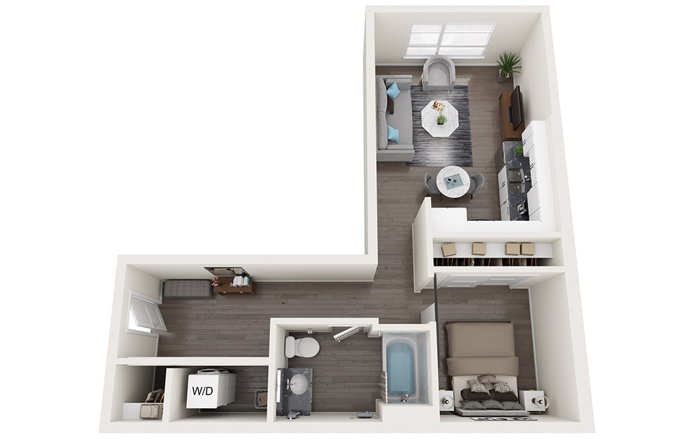 Open 1 Bedroom E - 1 bedroom floorplan layout with 1 bath and 646 to 813 square feet. (3D)