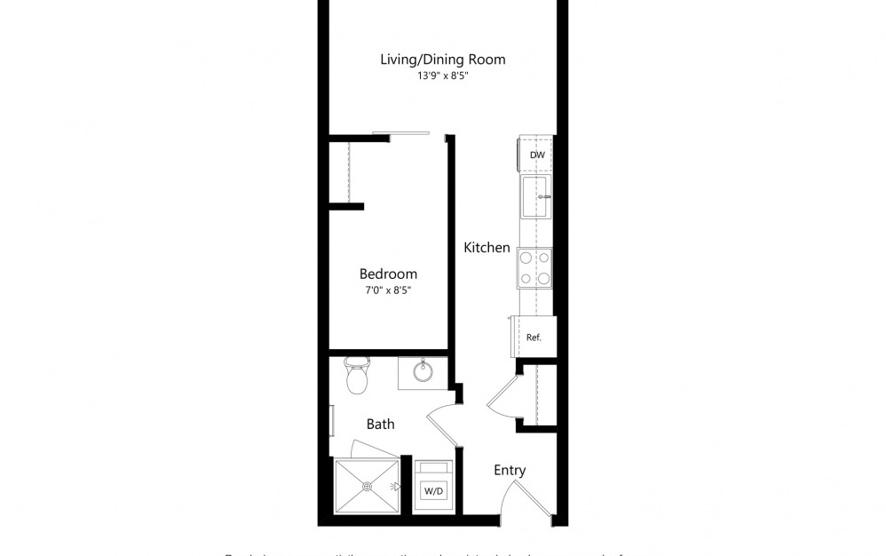 Open 1 Bedroom F - 1 bedroom floorplan layout with 1 bath and 466 to 526 square feet. (2D)